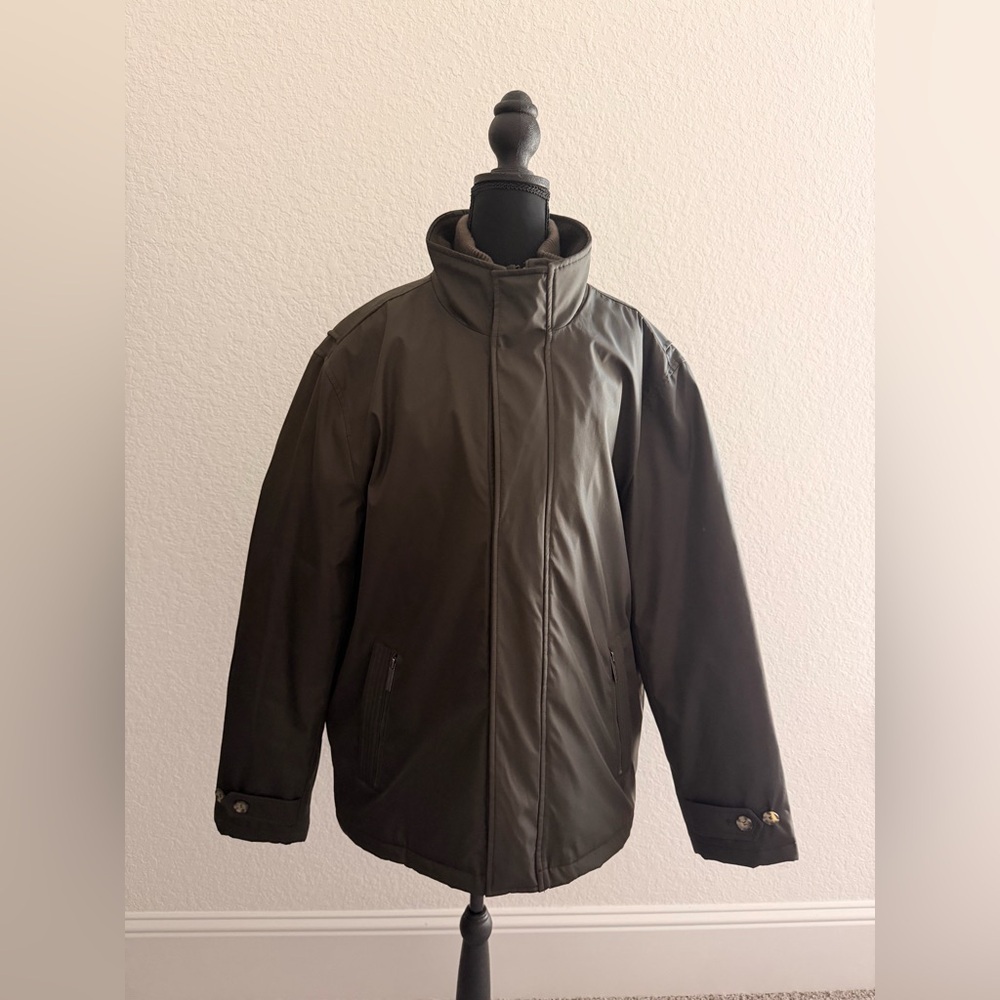 London Fog Brown Zip & Snap Front Jacket Mixed Fabric Trim Classic Outerwear